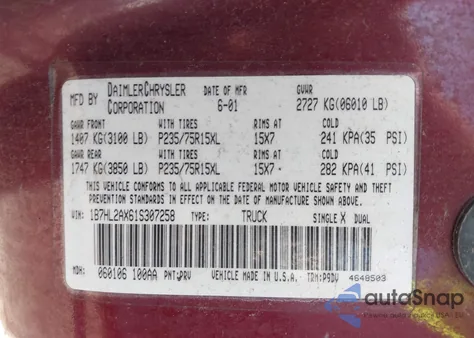 2001 Dodge Dakota Slt/Sport из США, поврежденный, VIN 1B7HL2AX61S307258